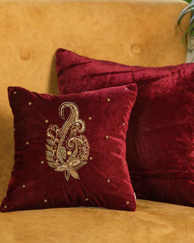 Luxurious Red Velvet Zardozi Cushion Cover | 12 x 12 inches