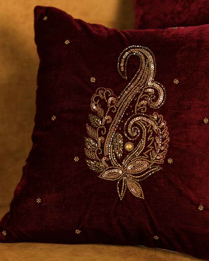 Luxurious Red Velvet Zardozi Cushion Cover | 12 x 12 inches