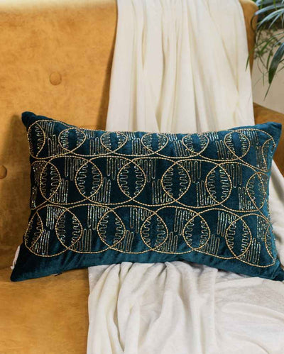 Trendy Teal Green Geometric Embroidered Cushion Cover | 14 x 20 inches