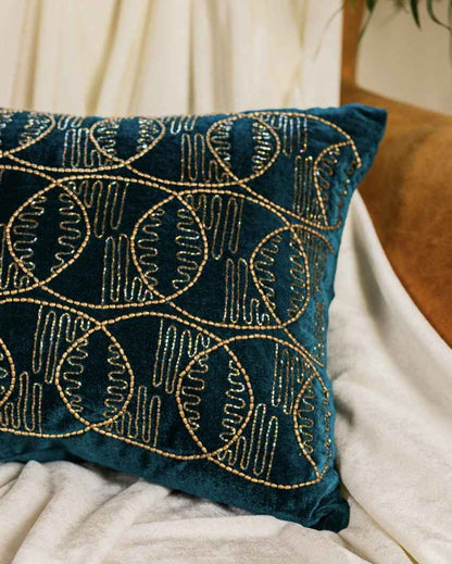 Trendy Teal Green Geometric Embroidered Cushion Cover | 14 x 20 inches