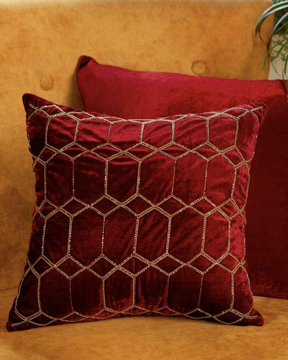 Vibrant Red Geometrical Embroidered Cushion Cover | 16 x 16 inches