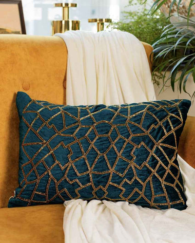 Elegant Teal Green Circles Embroidered Cushion Cover | 14 x 20 inches