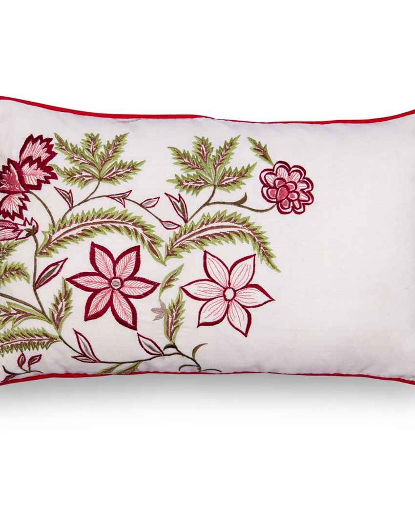 Artistic Red Floral Embroidered Cushion Cover | 12 x 18 inches