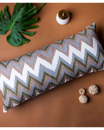 Intricate White Dual Chevron Aari Cushion Cover | 14 x 32 inches