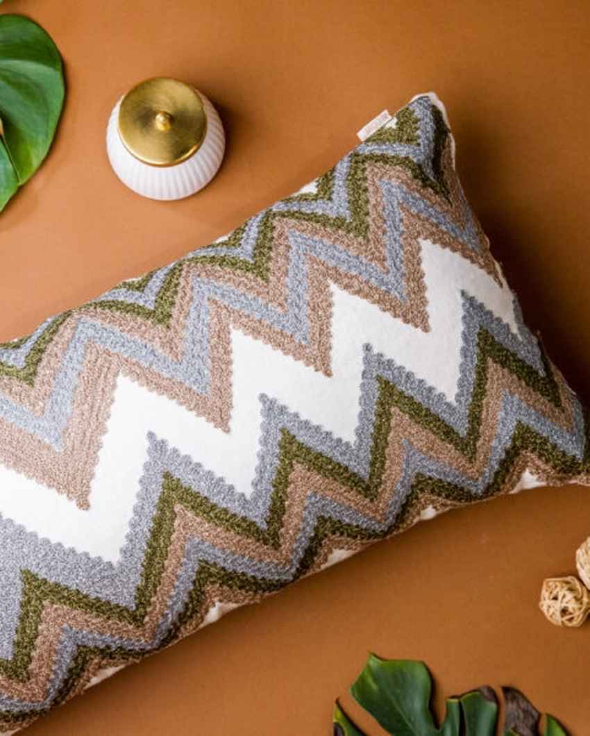 Intricate White Dual Chevron Aari Cushion Cover | 14 x 32 inches