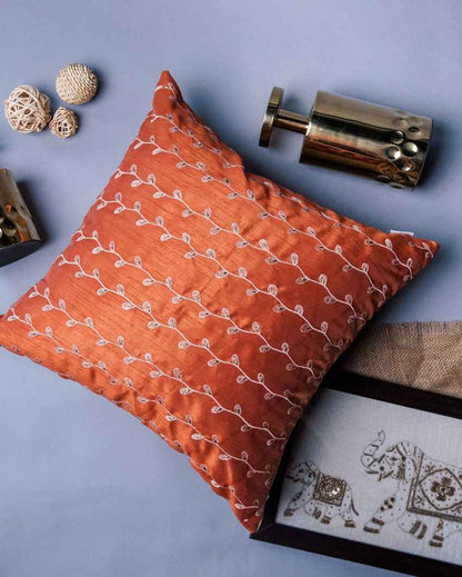 Handcrafted Rust Branches Embroidered Cushion Cover | 16 x 16 inches