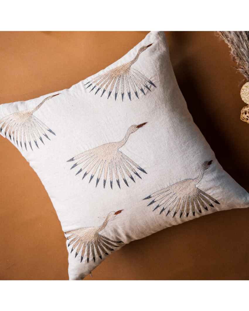 Graceful Beige Swan Cushion Cover | 18 x 18 inches