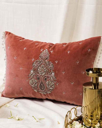 Luxurious Pink Blush Velvet Zardozi Cushion Cover | 14 x 20 inches