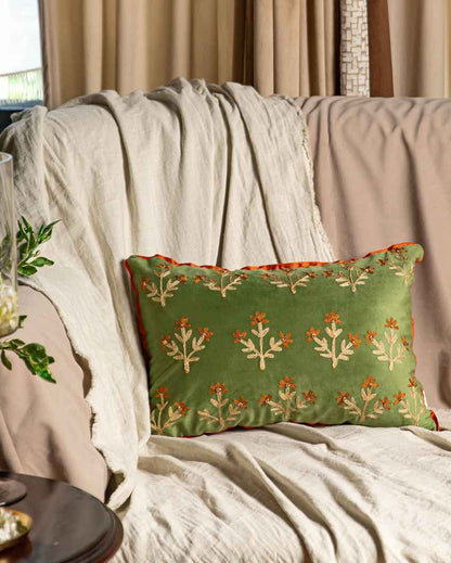 Graceful Green Sage Floral Embroidered Lumbar Cushion Cover | 12 x 18 inches