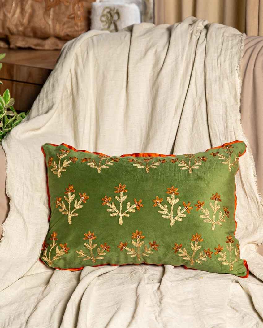 Graceful Green Sage Floral Embroidered Lumbar Cushion Cover | 12 x 18 inches