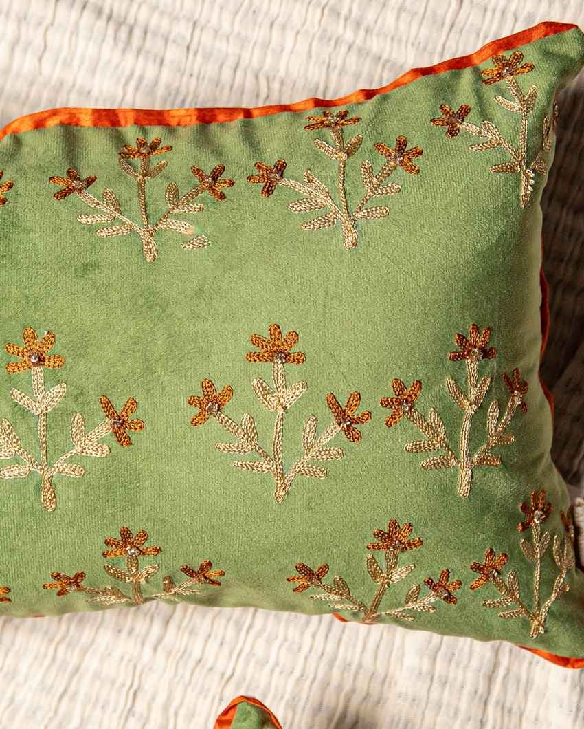 Graceful Green Sage Floral Embroidered Lumbar Cushion Cover | 12 x 18 inches