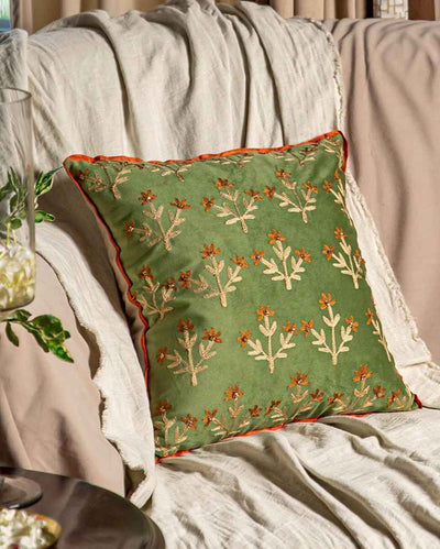 Sophisticated Green Sage Floral Embroidered Cushion Cover | 16 x 16 inches