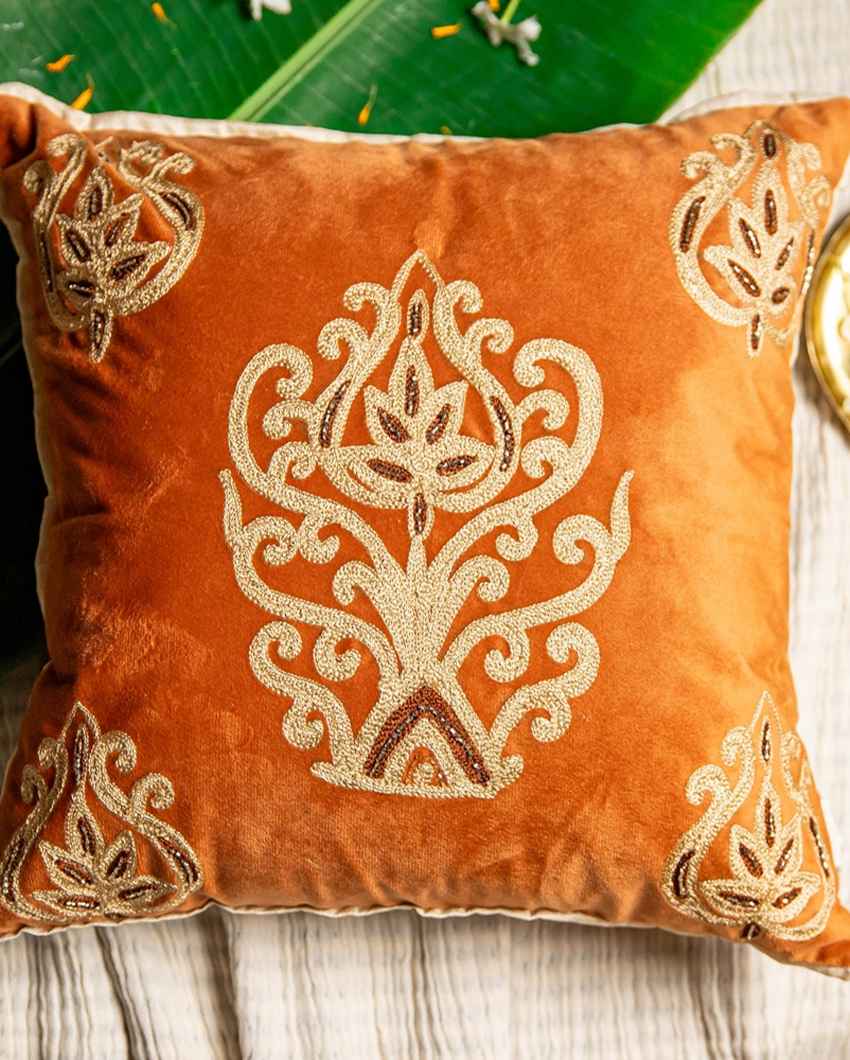 Rustic Rust Paisley Aari Cushion Cover | 16 x 16 inches