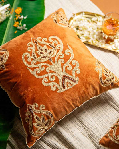 Rustic Rust Paisley Aari Cushion Cover | 16 x 16 inches