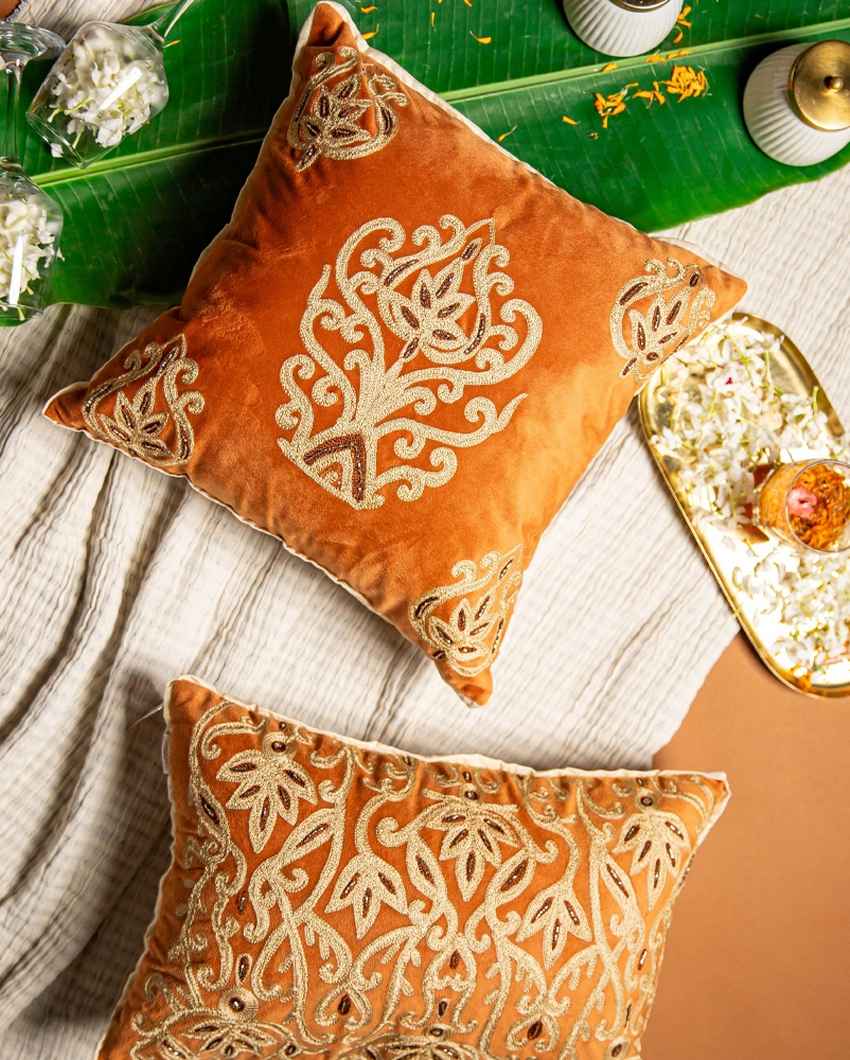 Rustic Rust Paisley Aari Cushion Cover | 16 x 16 inches