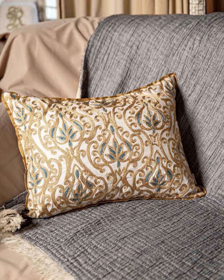 Elegant Beige Floral Embroidered Lumbar Cushion Cover | 12 x 18 inches