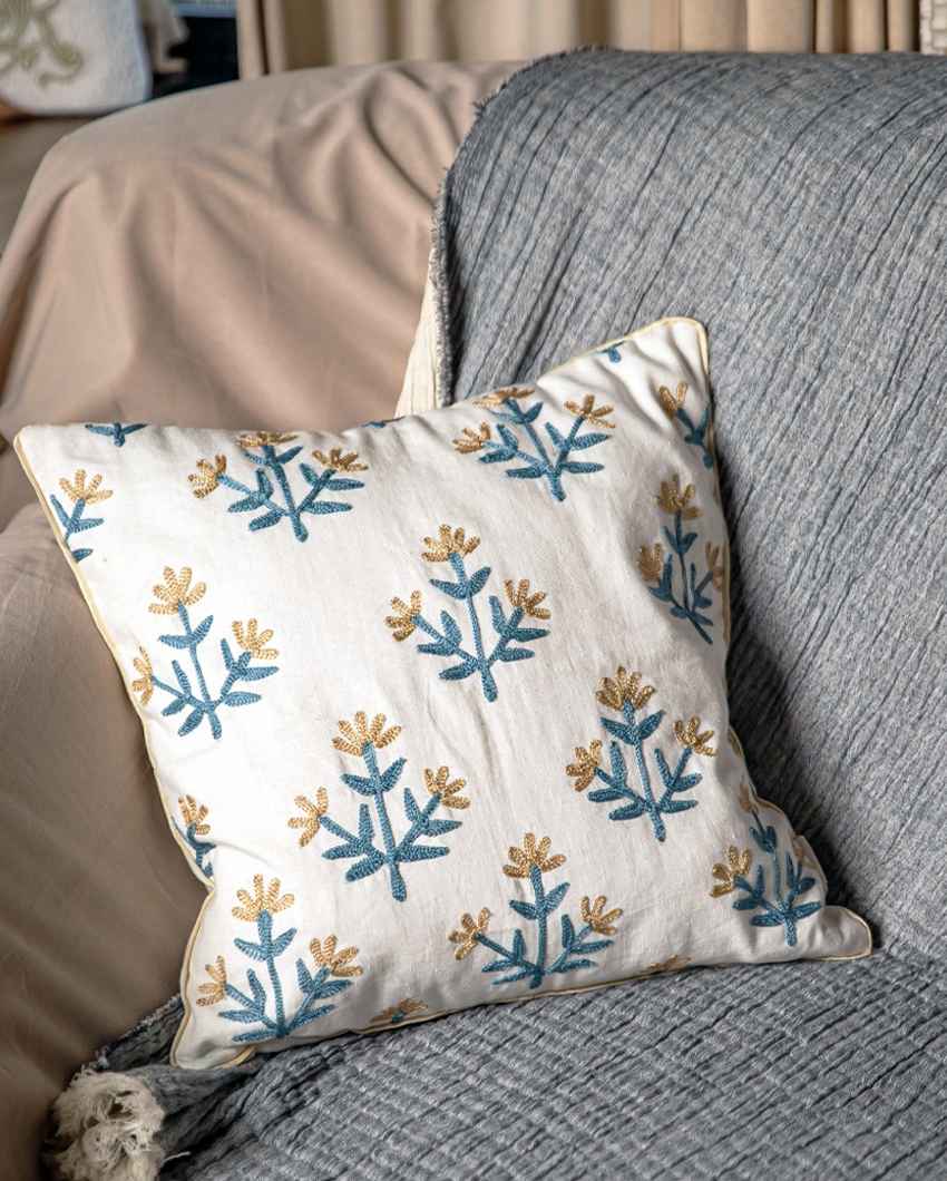 Modern Beige & Blue Floral Embroidered Lumbar Cushion Cover | 16 x 16 inches