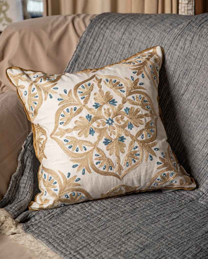 Artistic Beige Embroidered Mandala Cushion Cover | 18 x 18 inches