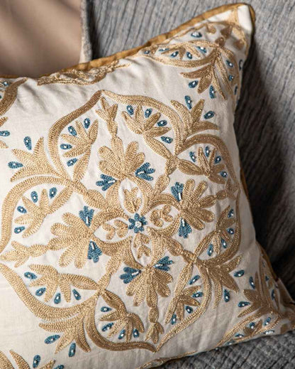 Artistic Beige Embroidered Mandala Cushion Cover | 18 x 18 inches