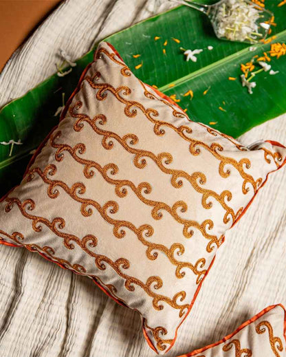 Intricate Beige Paisley Embroidered Cushion Cover | 16 x 16 inches