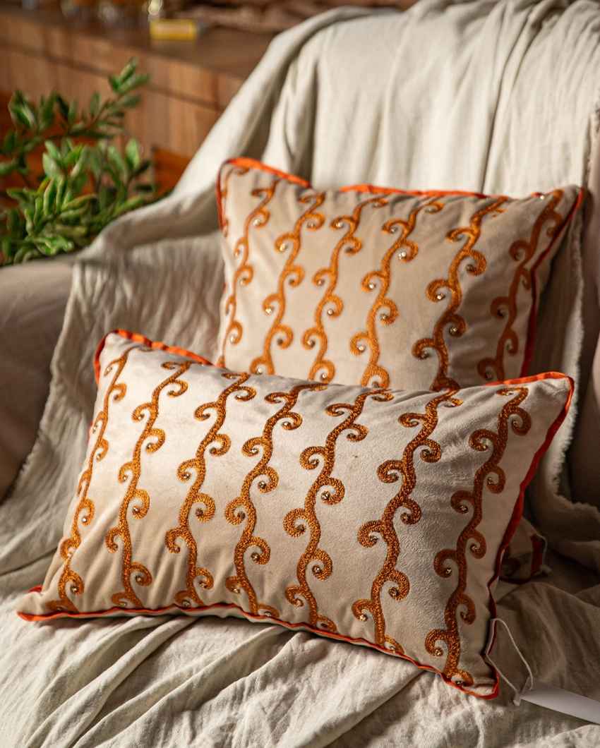 Intricate Beige Paisley Embroidered Cushion Cover | 16 x 16 inches