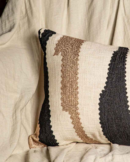 Bold Beige Zig Zag Crewel Monochrome Cushion Cover | 14 x 20 inches