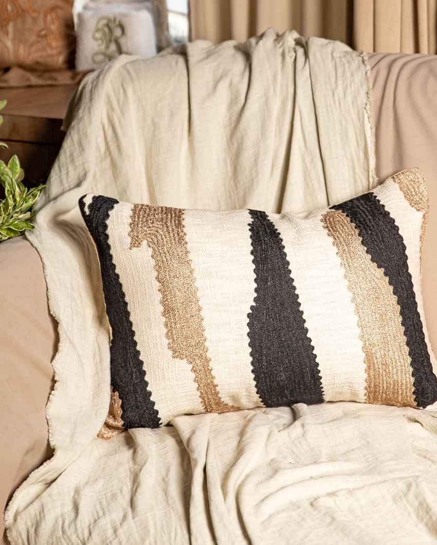 Bold Beige Zig Zag Crewel Monochrome Cushion Cover | 14 x 20 inches