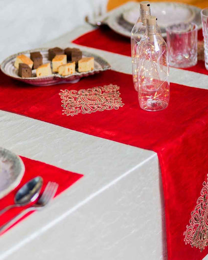 Bold Red Embroidered Table Runner with Mats | Pack of 7