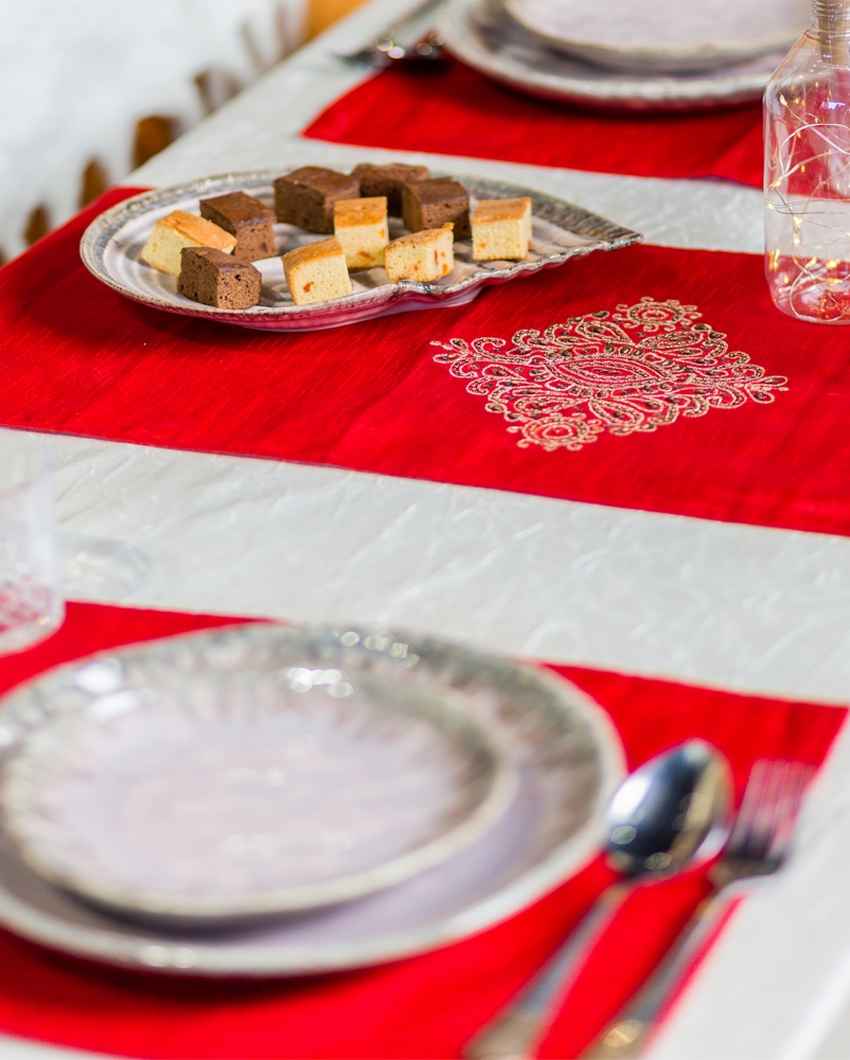 Bold Red Embroidered Table Runner with Mats | Pack of 7