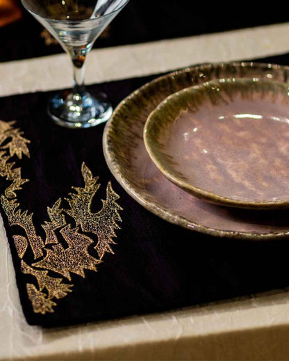 Stunning Black Embroidered Table Runner with Mats | Pack of 7