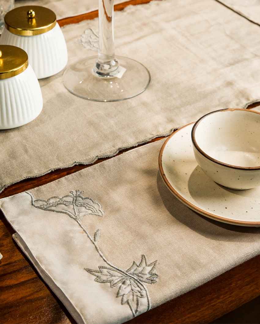 Elegant Beige Linen & Organza Table Runner with Mats | Pack of 7