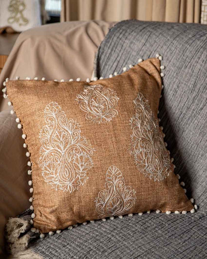 Sophisticated Beige Khadi Aari Cushion Cover | 16 x 16 inches