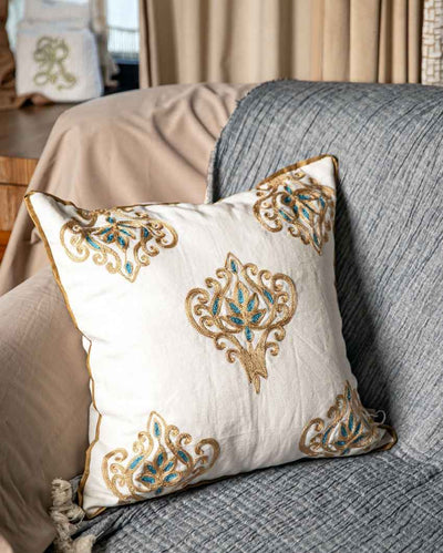 Minimal Beige Floral Embroidered Cushion Cover | 18 x 18 inches