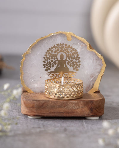 Buddha Tree White Agate Tealight Holder With Wooden Base | 4 x 4 x 3.5 inches