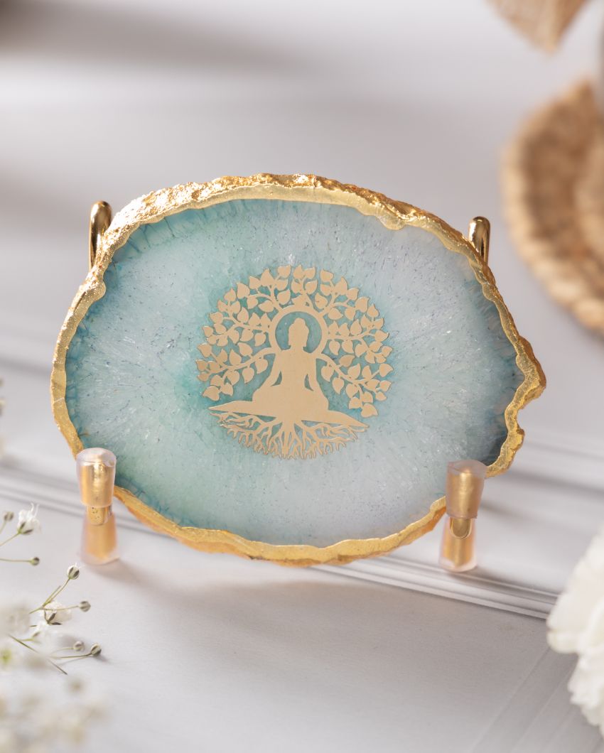 Buddha Tree Green Agate Showpiece With Metal Stand | 4 x 4 x 3.5 inches