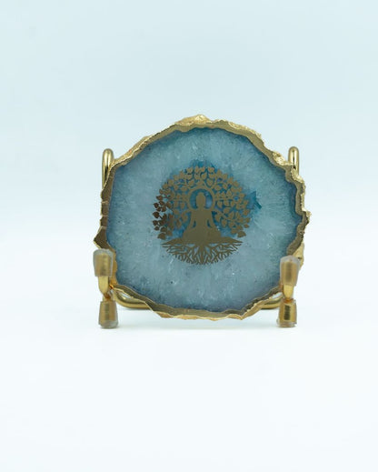 Meditation Buddha Tree Turquoise Agate Showpiece With Metal Stand | 4 x 4 x 3.5 inches