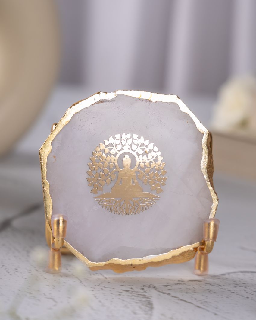 Buddha Tree White Agate Showpiece With Metal Stand |  4 x 4 x 3.5 inches