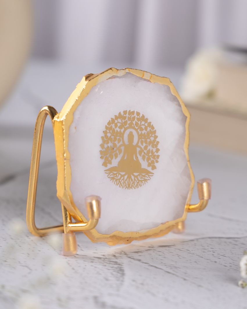 Buddha Tree White Agate Showpiece With Metal Stand |  4 x 4 x 3.5 inches