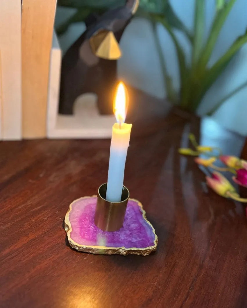 Contemporary Agate & Metal Candle Holder Pink