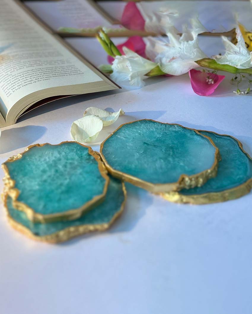Artistic Crystal Agate Stone Gold Platted Coasters | Set Of 4 Green