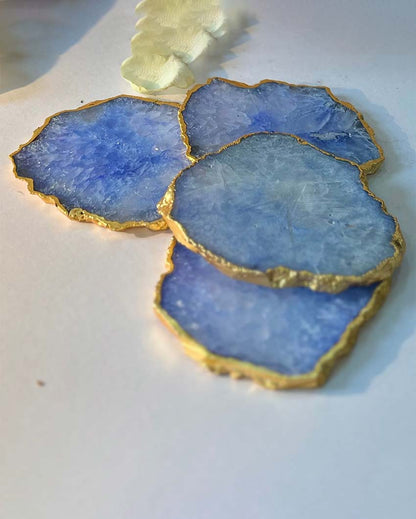 Artistic Crystal Agate Stone Gold Platted Coasters | Set Of 4 Blue