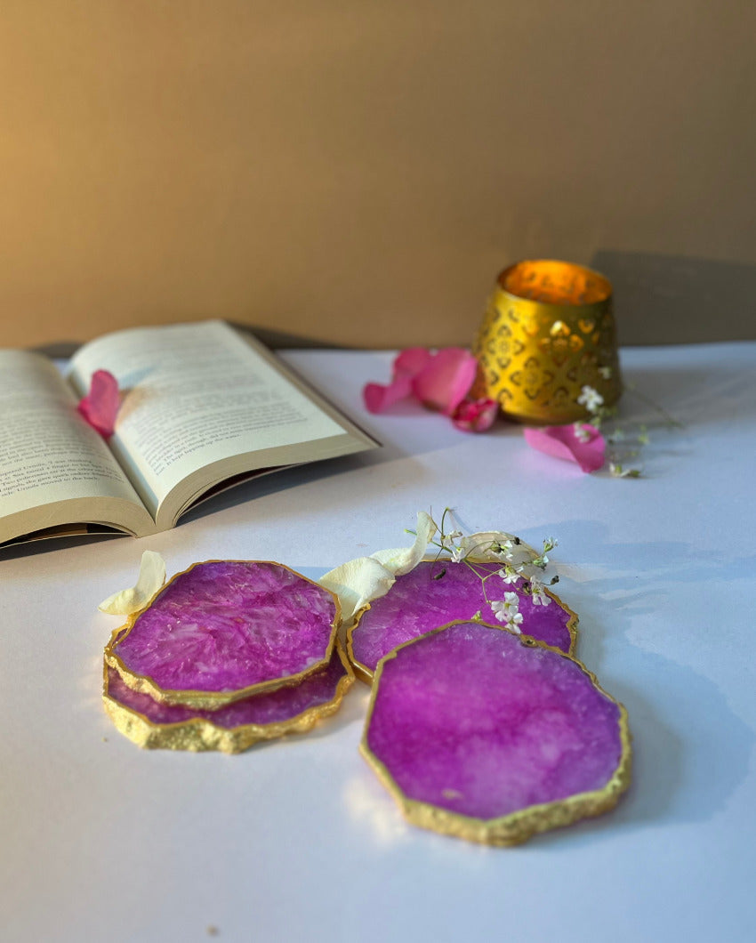Artistic Crystal Agate Stone Gold Platted Coasters | Set Of 4 Pink