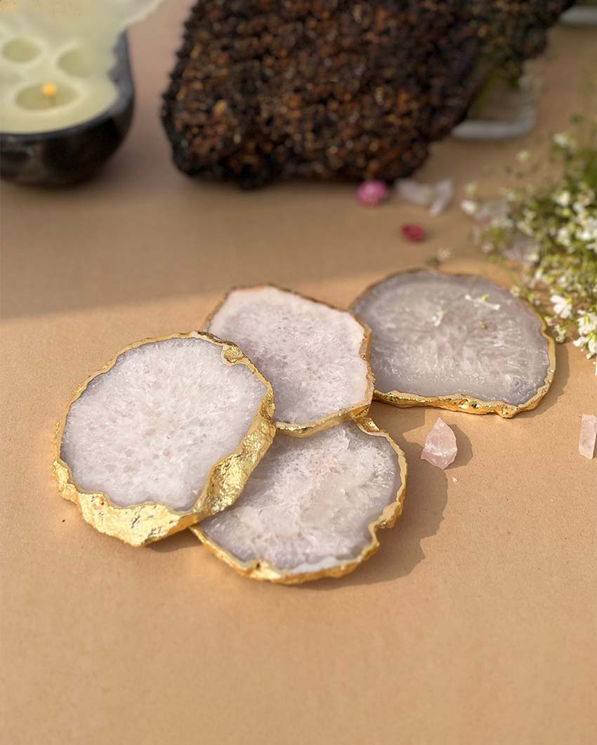 Artistic Crystal Agate Stone Gold Platted Coasters | Set Of 4 White