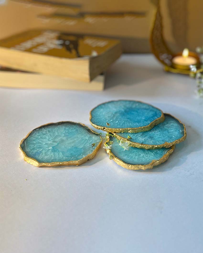 Artistic Crystal Agate Stone Gold Platted Coasters | Set Of 4 Light Blue