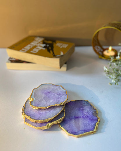 Artistic Crystal Agate Stone Gold Platted Coasters | Set Of 4 Purple