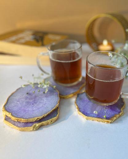 Artistic Crystal Agate Stone Gold Platted Coasters | Set Of 4 Purple