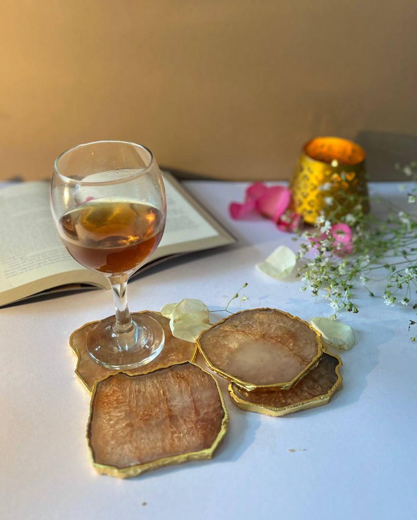 Artistic Crystal Agate Stone Gold Platted Coasters | Set Of 4 Brown