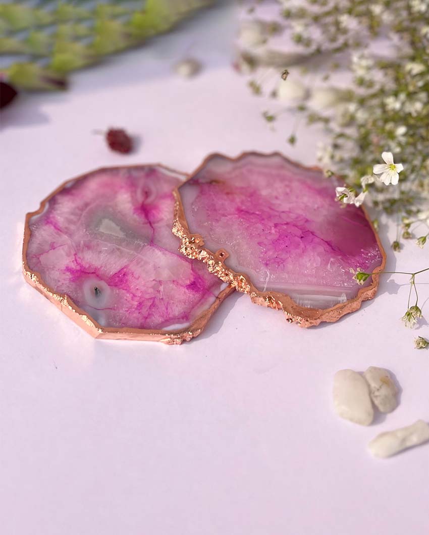 Rose Gold Plated Brazilian Pink Agate Coasters Set Of 2