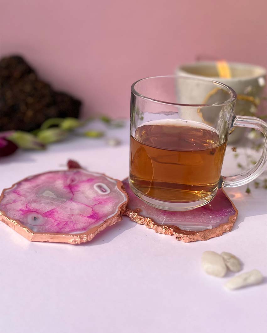 Rose Gold Plated Brazilian Pink Agate Coasters Set Of 2