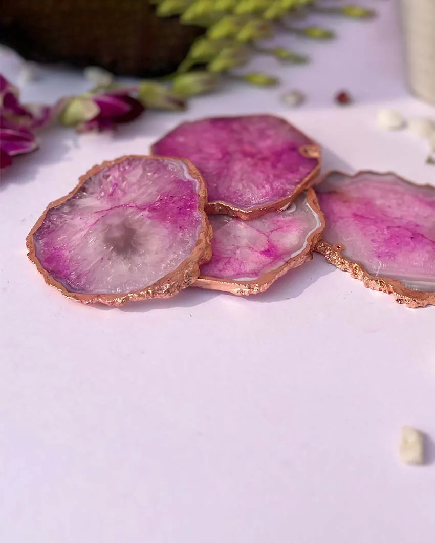 Rose Gold Plated Brazilian Pink Agate Coasters Set Of 4